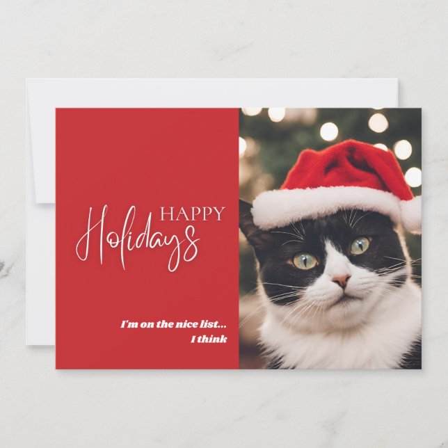 Funny Pet Cat Christmas Nice List Red Holiday Card (Front)
