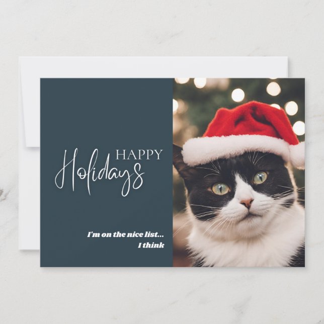 Funny Pet Christmas Cat Nice List Blue Holiday Card (Front)