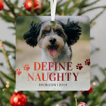 Funny Pet Define Naughty Christmas Metal Ornament<br><div class="desc">Get ready to embellish your Christmas tree with a dash of humour and pet love! Our new Christmas ornaments capture your furbaby's fun side with a unique, 'define naughty' theme, featuring a customized photo, paw prints, their name, and the year in a stunning red gradient typeface. A perfect keepsake for...</div>