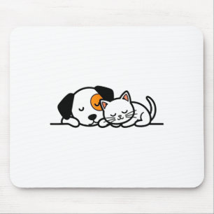 Funny Pet Lover - Cute Cat And Dog Sleeping Togeth Mouse Pad
