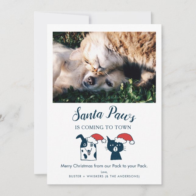 Funny Pet Photo Santa Paws Cat Dog Christmas Holiday Card (Front)