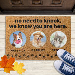 Funny Pets No Need To Knock Custom 3 Photo Dog Cat Doormat<br><div class="desc">Introducing the perfect door mat for all dog lovers out there! This modern and stylish mat is the ideal way to welcome guests into your home with a touch of humour and cuteness. The faux coir material is both durable and environmentally friendly, while the paw prints and the playful phrase...</div>