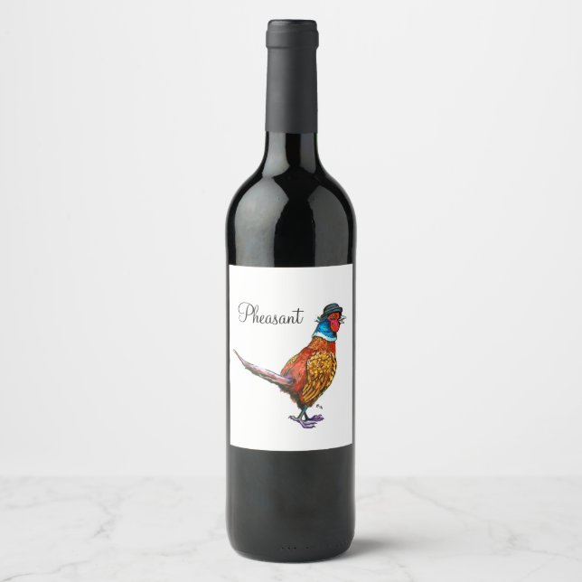 Funny pheasant in hat wine label (Front)