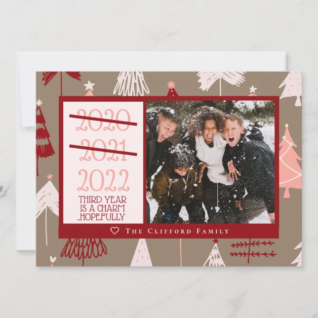 Funny Photo 2021 2022 Cute Pink Christmas Trees Holiday Card (Front)