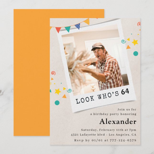 Funny Photo 64th birthday invitations Men (Front/Back)