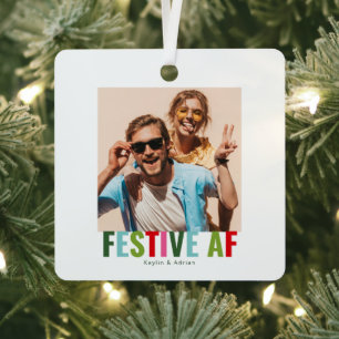 Funny Photo Christmas Card Festive AF Metal Ornament