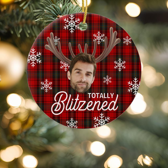 Funny Photo Face Blitzened Christmas Custom Gift Ceramic Ornament (Funny photo face ornament with custom face in front of antlers reads totally Blitzened with plaid)