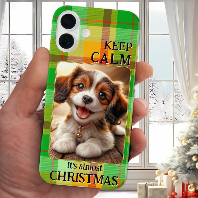 Funny Photo Keep Calm Christmas Phone Case (Christmas phone case featuring your own favorite photo framed by a golden lining on colorful plaid)