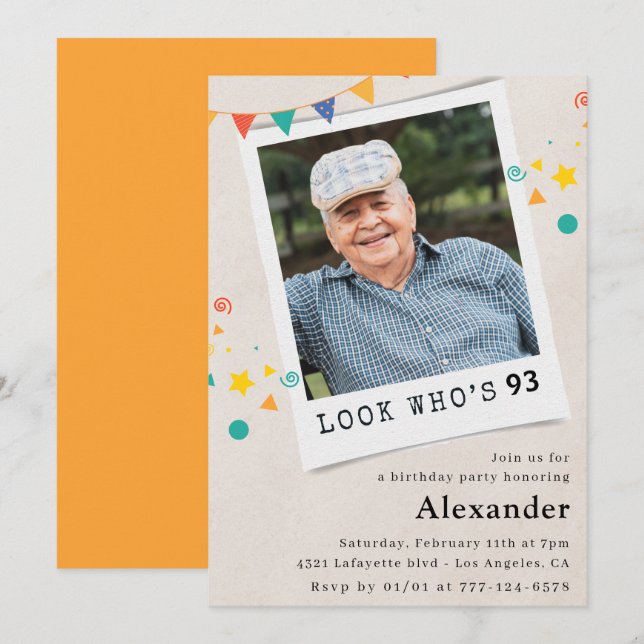 Funny Photo Men 93rd birthday invitations  (Front/Back)
