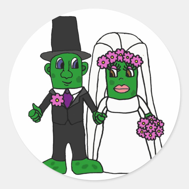 Funny Pickle Bride and Groom Wedding Art Classic Round Sticker (Front)