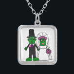 Funny Pickle Bride and Groom Wedding Art Silver Plated Necklace<br><div class="desc">Wonderful fun bride and groom pickle wedding original art design.  Can also add custom text and change background colour when ordering.</div>