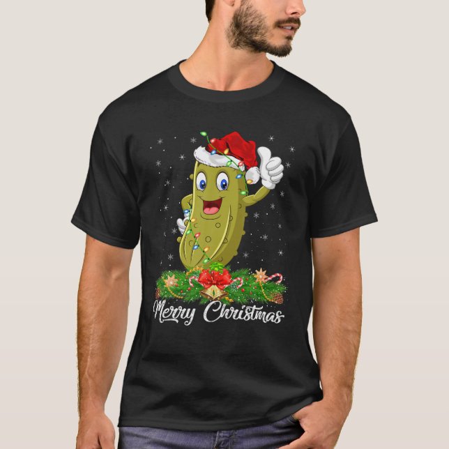 Funny Pickle Fruit Lover Matching Santa Hat Pickle T-Shirt (Front)