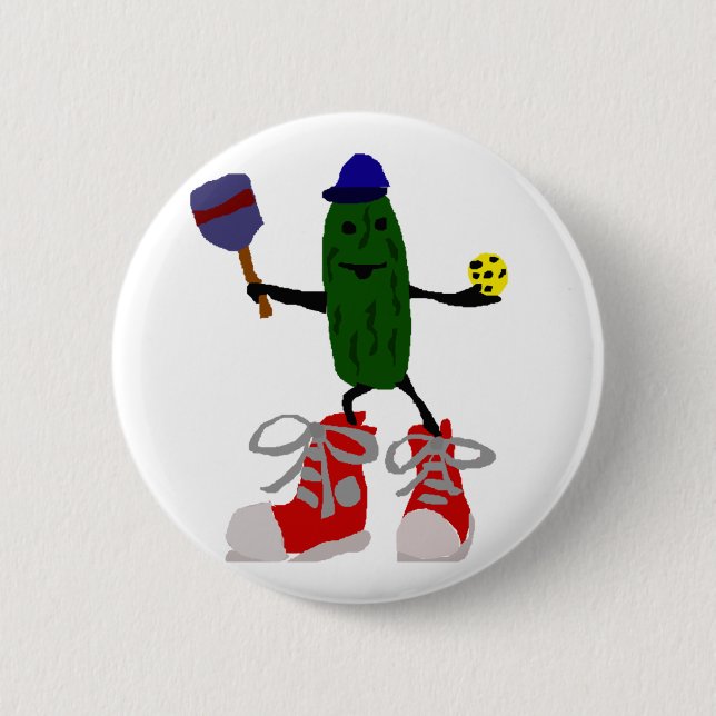 Funny Pickle Holding Pickleball and Paddle 2 Inch Round Button (Front)