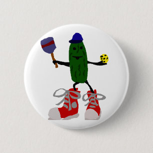 Funny Pickle Holding Pickleball and Paddle 2 Inch Round Button
