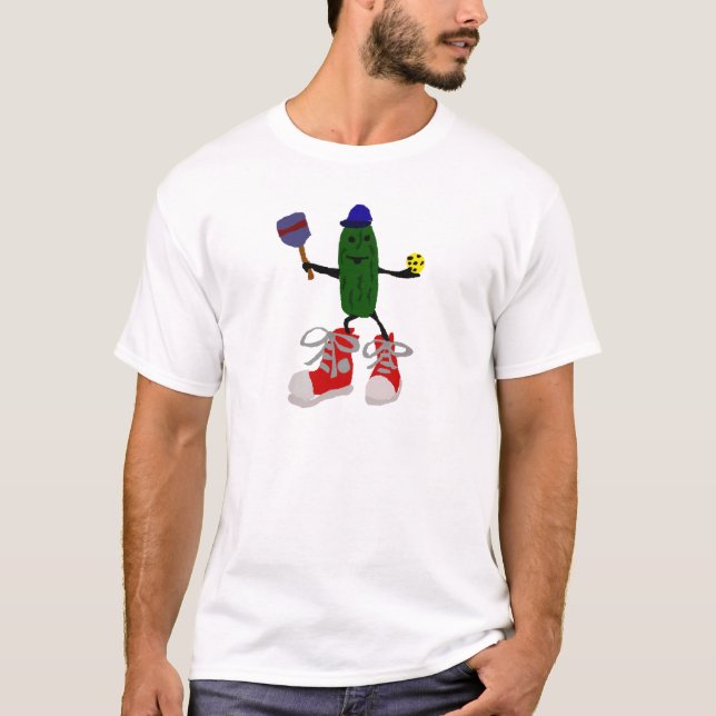 Funny Pickle Holding Pickleball and Paddle T-Shirt (Front)