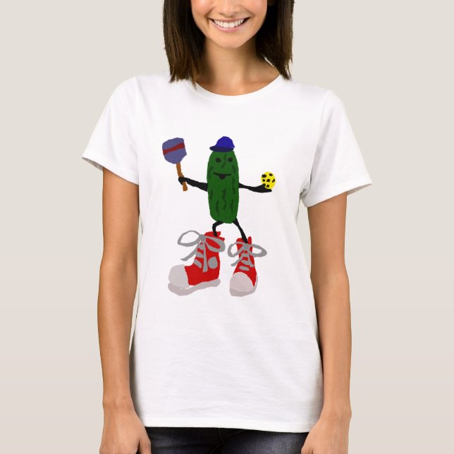 Funny Pickle Holding Pickleball and Paddle T-Shirt (Front)
