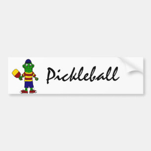 Funny Pickle Holding Pickleball Paddle and Ball Bumper Sticker