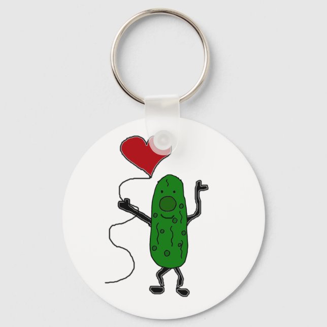 Funny Pickle is Holding Red Heart Balloon Keychain (Front)