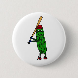 Funny Pickle Playing Baseball Cartoon 2 Inch Round Button