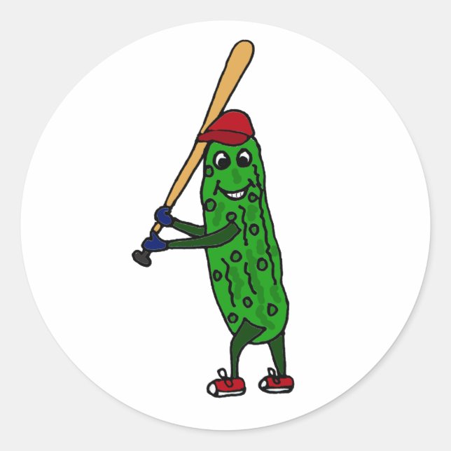 Funny Pickle Playing Baseball Cartoon Classic Round Sticker (Front)