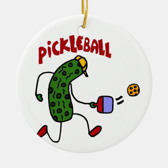 Funny Pickle Playing Pickleball Action Design Ceramic Ornament (Front)