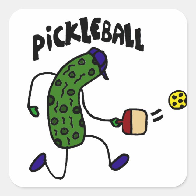 Funny Pickle Playing Pickleball Square Sticker (Front)