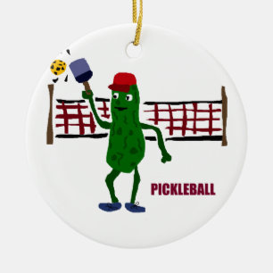 Funny Pickle Playing Pickleball with Net Art Ceramic Ornament