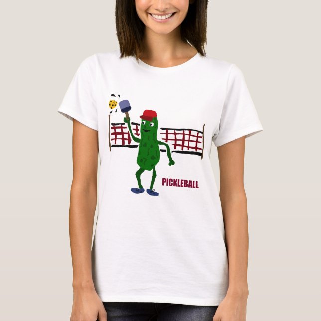 Funny Pickle Playing Pickleball with Net Art T-Shirt (Front)