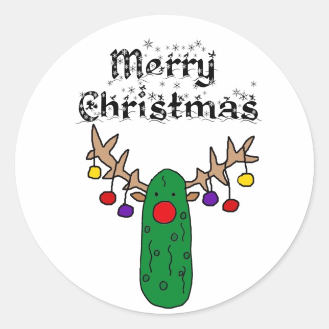 Funny Pickle Reindeer Merry Christmas Art Classic Round Sticker (Front)