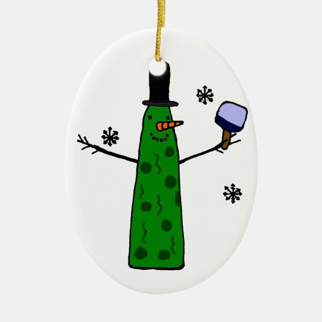 Funny Pickle Snowman Holding Pickleball Paddle Ceramic Ornament (Front)