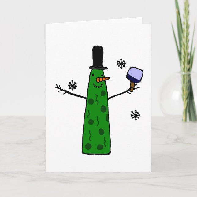 Funny Pickle Snowman Holding Pickleball Paddle Holiday Card (Front)