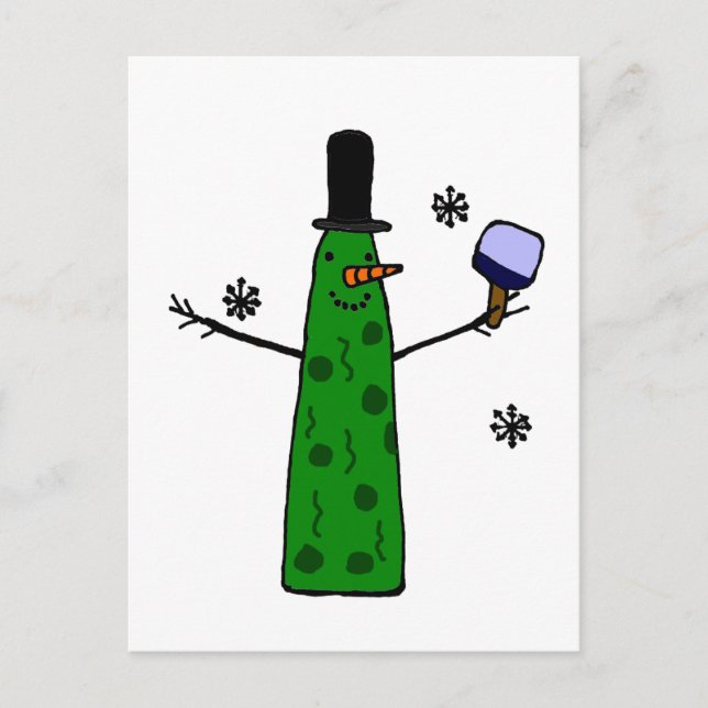 Funny Pickle Snowman Holding Pickleball Paddle Postcard (Front)