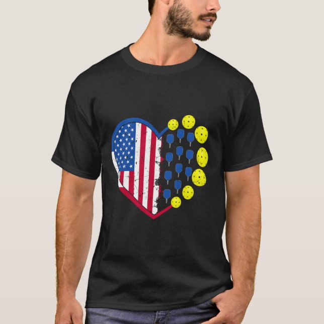 Funny Pickleball Ball With American Flag Heart 4th T-Shirt (Front)
