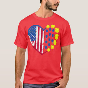 Funny Pickleball Ball With American Flag Heart 4th T-Shirt