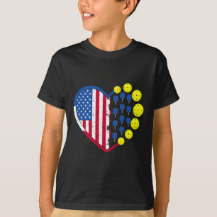 Funny Pickleball Ball With American Flag Heart 4th T-Shirt