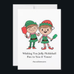 Funny Pickleball Christmas Elves, Custom Text Holiday Card<br><div class="desc">Serve up some holiday spirit with this charming pickleball Christmas card! Featuring a cute elves playing pickleball and space for your personalized text, this card is the perfect way to connect with fellow players, clubs, and coaches. Also great for spreading pickleball joy to your friends and family this festive season!...</div>