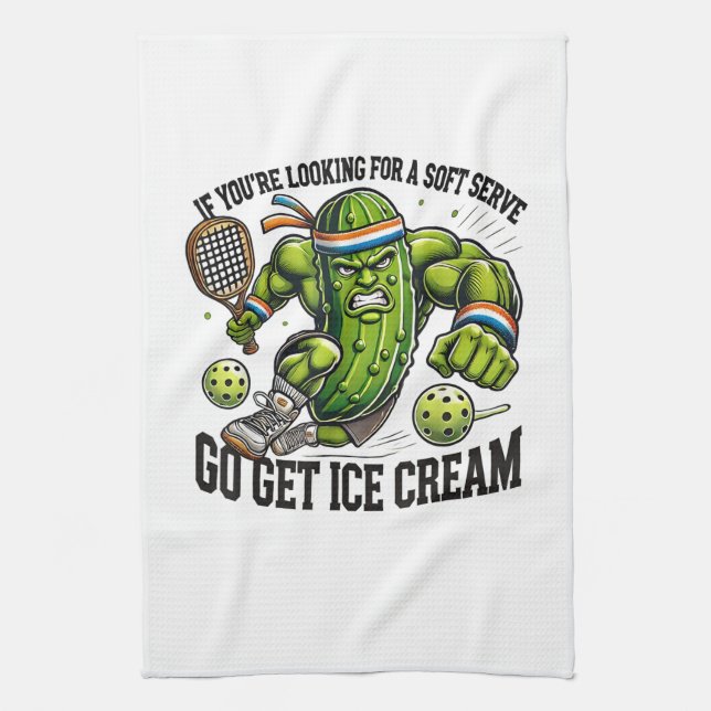 Funny Pickleball Lover Pun with a Pickle Playing Kitchen Towel (Vertical)