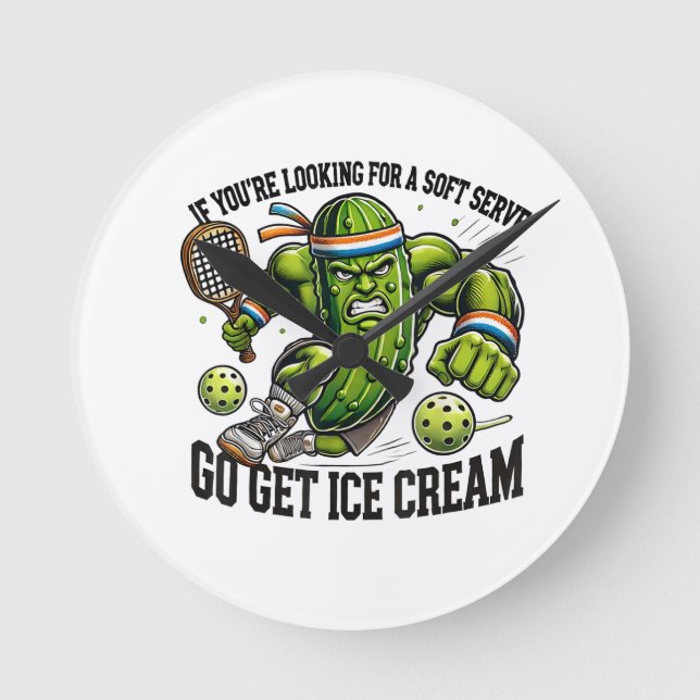 Funny Pickleball Lover Pun with a Pickle Playing Round Clock (Front)