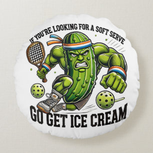 Funny Pickleball Lover Pun with a Pickle Playing Round Pillow