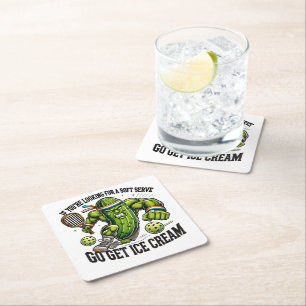 Funny Pickleball Lover Pun with a Pickle Playing Square Paper Coaster