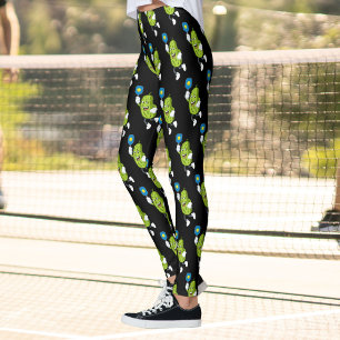 Funny Pickleball Pickle Holding Paddle and Ball Leggings