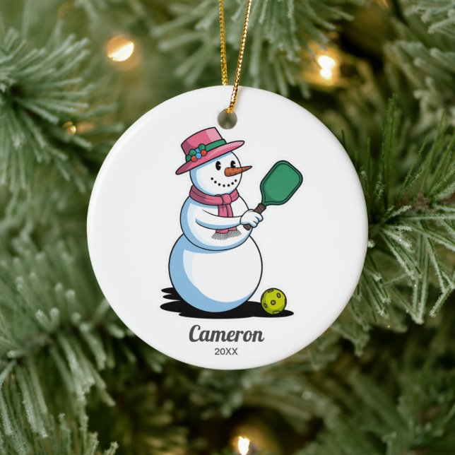 Funny Pickleball SnowWoman Add Custom Photo & Text Ceramic Ornament (Tree)