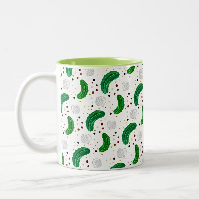 Funny Pickles Gherkins & Pickled Onion Pattern Two-Tone Coffee Mug (Left)