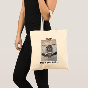 funny picture of dog smiling with akita slogan tote bag