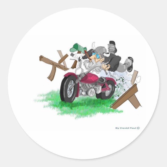 Funny picture of man on motorcycle crashing classic round sticker (Front)