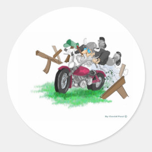 Funny picture of man on motorcycle crashing classic round sticker