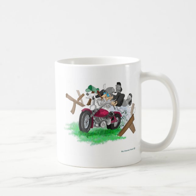 Funny picture of man on motorcycle crashing coffee mug (Right)