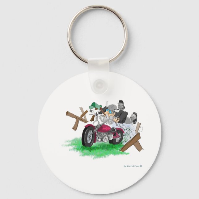 Funny picture of man on motorcycle crashing keychain (Front)