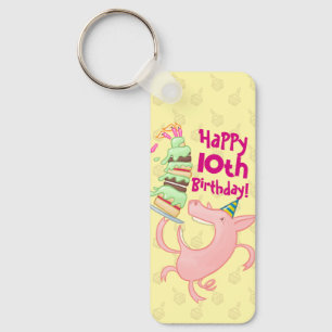 Funny Pig Add The Age Giant Birthday Cake Cartoon Keychain