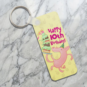 Funny Pig Add The Age Giant Birthday Cake Cartoon Keychain